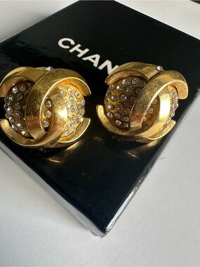 Vintage Chanel Season 23 Gold Tone Crystal CC Dome Clip-On Earrings with Box